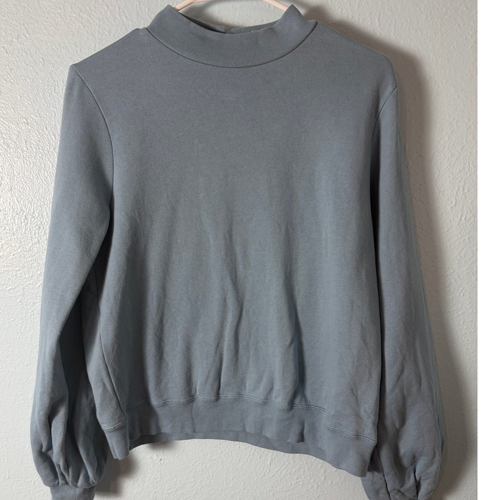 Sezane Blue Cotton Mock Neck Puff Sleeve Keyhole Sweatshirt Womens S Minimalist